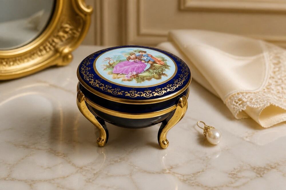 Vintage Limoges France Porcelain Cobalt Blue/Gold 3 Footed Trinket/Vanity Box